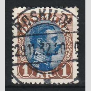 FRIM�RKER DANMARK | 1921-22 - AFA 131 - Chr. X 1 Kr. brun/bl� Type I - Lux Stemplet Roskilde