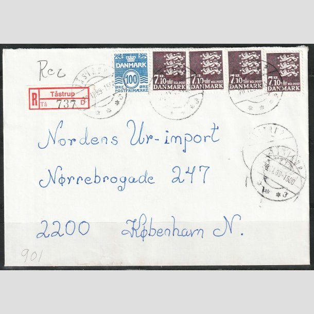 FRIM�RKER DANMARK | 1988 - AFA 901 - Rigsv�ben - "R" brugsbrev med 4 x 7,10 Kr. m�rklilla - Taastrup/Kbh.N 