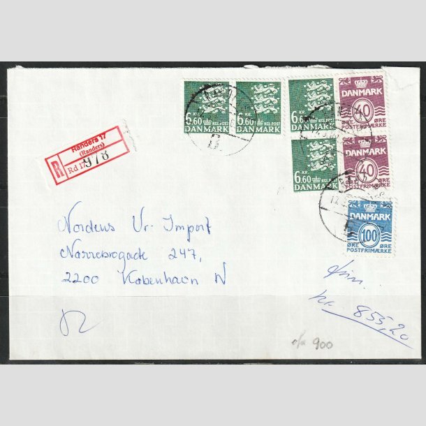 FRIM�RKER DANMARK | 1988 - AFA 900 - Rigsv�ben - "R" brugsbrev med 4 x 6,60 Kr. gr�n - Randers/Kbh. N 