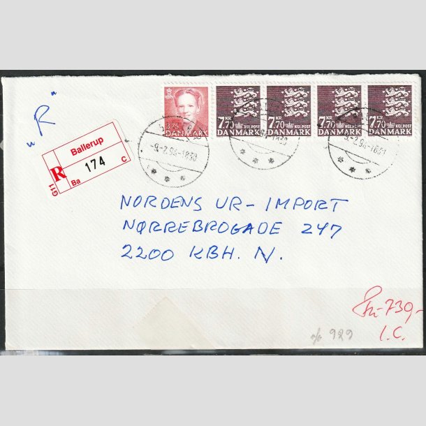 FRIM�RKER DANMARK | 1989 - AFA 929 - Rigsv�ben - "R" forsendelse, brev med 4 x 7,70 Kr. m�rklilla - Ballerup/Kbh. N
