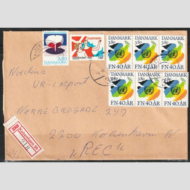 FRIM�RKER DANMARK | 1985 - AFA 841 - FN 40 �r - "R" forsendelse, brev med 6 x 3,80 Kr. - Kbh/Kbh  