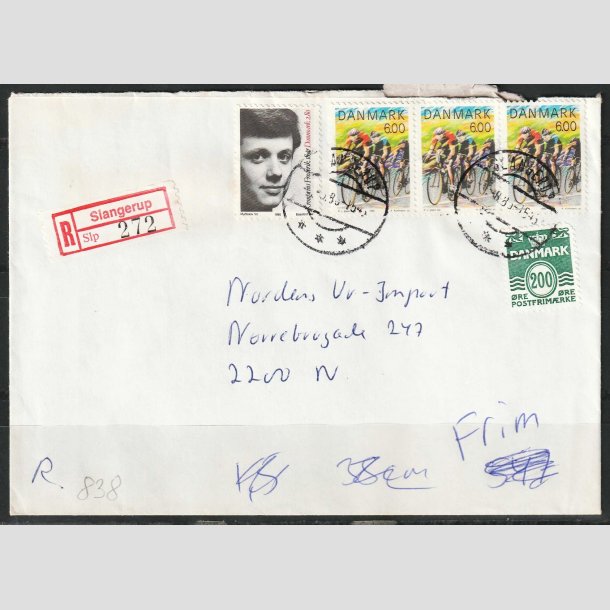 FRIM�RKER DANMARK | 1985 - AFA 838 - "R" forsendelse, brev med 3 x Sport - 6,00 Kr. - Slangerup/Kbh.N 