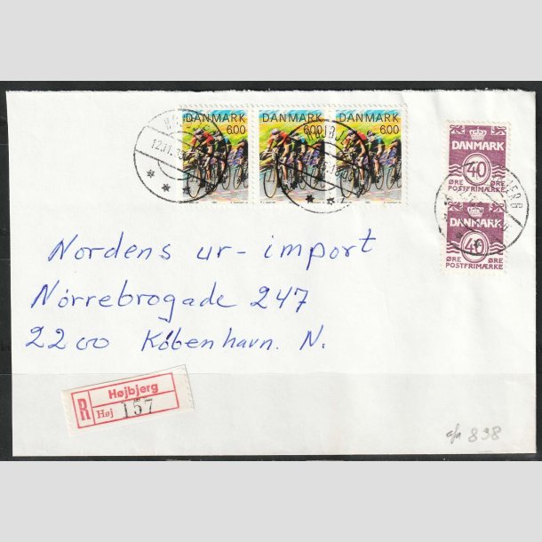 FRIM�RKER DANMARK | 1985 - AFA 838 - "R" forsendelse, brev med 3 x Sport - 6,00 Kr. - H�jbjerg/Kbh.N 