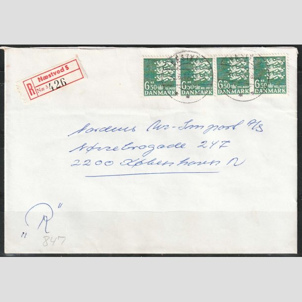 FRIM�RKER DANMARK | 1986 - AFA 847 - Rigsv�ben - "R" forsendelse, brev med 4 x 6,50 Kr. - N�stved/Kbh. N 