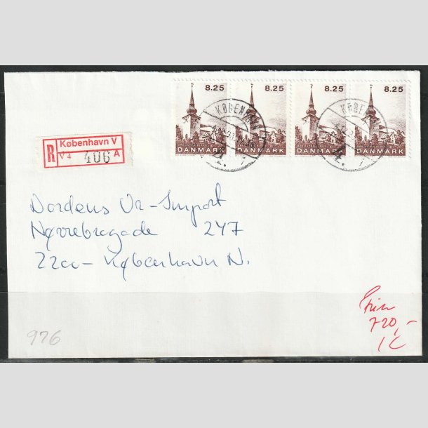 FRIM�RKER DANMARK | 1990 - AFA 976 - Jyske landsbykirker - "R" forsendelse, brev med 4 x 8,25 Kr. - Kbh. V/Kbh. N 