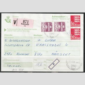 FRIM�RKER DANMARK | 1985 - AFA 824 - Rigsv�ben - Adressekort med 2 x 50,00 Kr. r�d - Kokkedal/M�rslet 