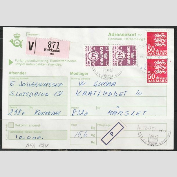 FRIM�RKER DANMARK | 1985 - AFA 824 - Rigsv�ben - Adressekort med 2 x 50,00 Kr. r�d - Kokkedal/M�rslet 