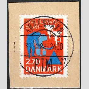 FRIM�RKER DANMARK | 1988 - AFA 908 - Civilforsvaret 50 �r. - 2,70 Kr. orange/bl� - Pragt Stemplet �lstykke