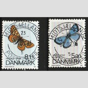 FRIM�RKER DANMARK | 1993 - AFA 1039+38 - Sommerfugle - 8,75 + 5,00 Kr. flerfarvet - Pragt Stemplet