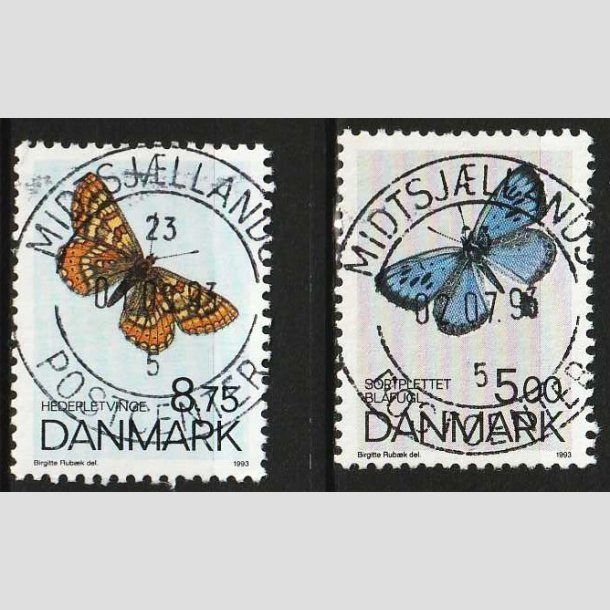 FRIM�RKER DANMARK | 1993 - AFA 1039+38 - Sommerfugle - 8,75 + 5,00 Kr. flerfarvet - Pragt Stemplet
