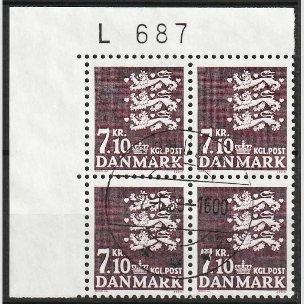 FRIM�RKER DANMARK | 1988 - AFA 901 - Rigsv�ben - 7,10 Kr. m�rklilla i 4-blok L687 - Lux stemplet