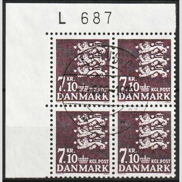 FRIM�RKER DANMARK | 1988 - AFA 901 - Rigsv�ben - 7,10 Kr. m�rklilla i 4-blok L687 - Lux stemplet