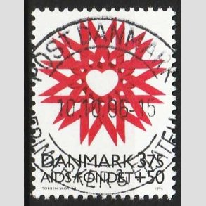 FRIM�RKER DANMARK | 1996 - AFA 1130 - AIDS-Fondet - 3,75 Kr. + 50 �re r�d/sort - Pragt Stemplet