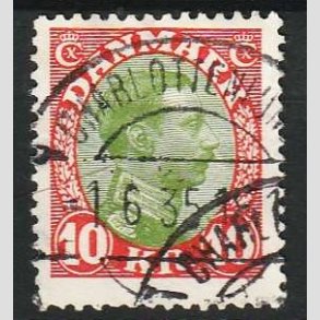 FRIM�RKER DANMARK | 1927-28 - AFA 177 - Chr. X 10 Kr. r�d/gr�n - Stemplet