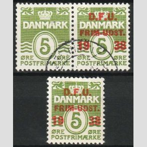 FRIM�RKER DANMARK | 1938 - AFA 245 - D.F.U - 5 �re gr�n - Stemplet + Postfrisk