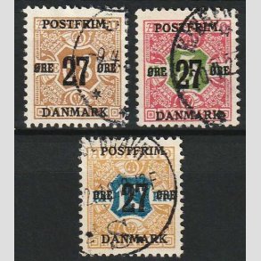 FRIM�RKER DANMARK | 1918 - AFA 94,95,96 - 27 �re/68/5 kr./10 kr. provisorium - Stemplet
