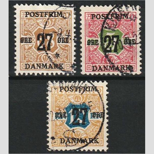FRIM�RKER DANMARK | 1918 - AFA 94,95,96 - 27 �re/68/5 kr./10 kr. provisorium - Stemplet