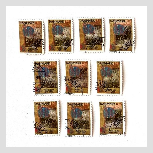 FRIM�RKER DANMARK | 1991 - AFA 0991 - Jydske Lov 750 �r. - 8,25 Kr. flerfarvet x 10 stk. - Flot Stemplet
