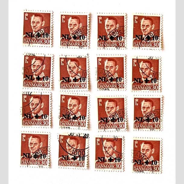 FRIM�RKER DANMARK | 1953 - AFA 344 - Hollandshj�lpen - NL +10/30 �re r�d x 16 stk. - P�nt Stemplet