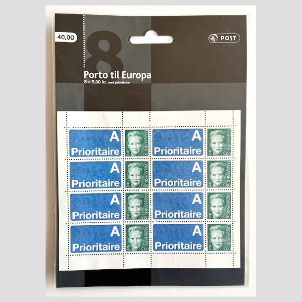 FRIMRKER DANMARK | 2002 - AFA 1245v (SMARK NR. 5) - 5,00 kr. grn + A-vignet x 8 - Postfrisk