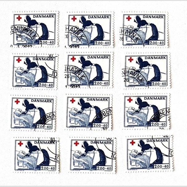 FRIM�RKER DANMARK | 1983 - AFA 764 - Dansk R�de Kors - 2,00 Kr. + 40 �re x 12 stk. - Flot Hj�rnestemplet