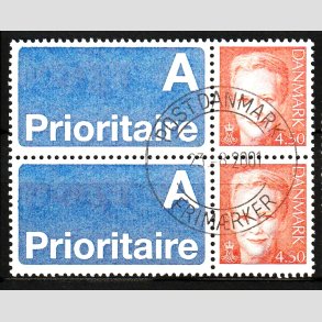 FRIM�RKER DANMARK | 2000 - AFA 1244v - Dronning Margrethe II - 4,50 kr. A-vignet parstykke - Pragt Stemplet