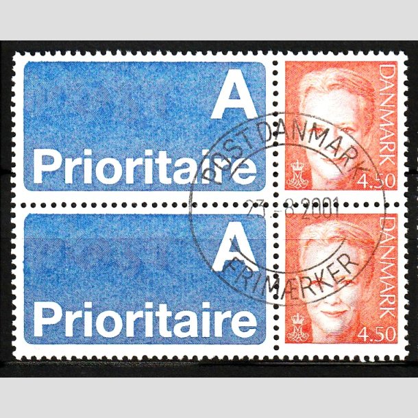 FRIM�RKER DANMARK | 2000 - AFA 1244v - Dronning Margrethe II - 4,50 kr. A-vignet parstykke - Pragt Stemplet