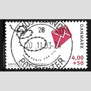 FRIM�RKER DANMARK | 2001 - AFA 1275 - Amnesty International - 4,00 Kr. + 50 �re bl�/r�d - Pragt Stemplet