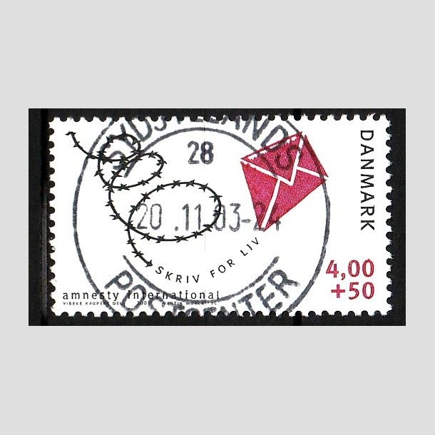 FRIM�RKER DANMARK | 2001 - AFA 1275 - Amnesty International - 4,00 Kr. + 50 �re bl�/r�d - Pragt Stemplet
