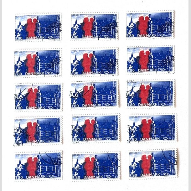 FRIM�RKER DANMARK | 1986 - AFA 860 - Venskabsbyer - 3,80 Kr. r�d/bl� - 15 stk. - Flot Hj�rnestemplet