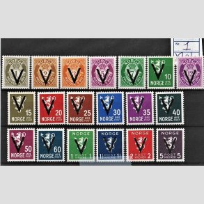FRIM�RKER NORGE | 1941 - AFA 245-63 - V m�rker u. vm. - 1 �re - 5 kr. i komplet s�t - Postfrisk