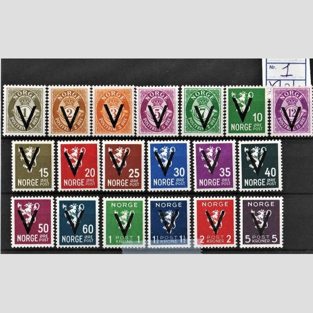 FRIMRKER NORGE | 1941 - AFA 245-63 - V mrker u. vm. - 1 re - 5 kr. i komplet st - Postfrisk