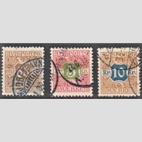 FRIMRKER DANMARK | 1907 - AFA 7,9,10 - 68 re, 5 Kr, 10 Kr. Avisporto - Stemplet