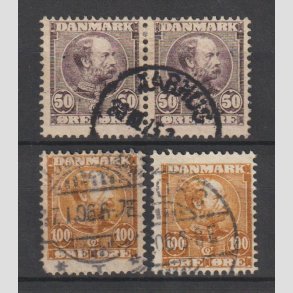 FRIMRKER DANMARK | 1904-05 - AFA 50,51 - Chr. IX 50 re lilla i Par + 2 x 100 re gulbrun - Stemplet