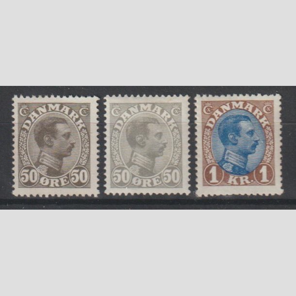 FRIMRKER DANMARK | 1921-22 - AFA 129,129a,131 - Chr. X 50 re olivengr, 50 re gr, 1 Kr. brun/bl - Postfrisk/Ubrugt