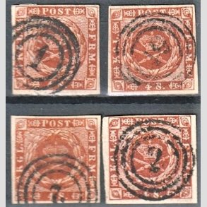 FRIMRKER DANMARK | 1858-62 - AFA 7 - 4 Skilling brun 4 stk. - Stemplet