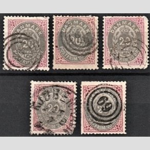 FRIM�RKER DANMARK | 1875 - AFA 28 - 20 �re r�d/gr� 5 stk. blandet kvalitet - Stemplet
