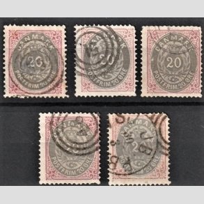 FRIM�RKER DANMARK | 1875 - AFA 28 - 20 �re r�d/gr� 5 stk. lidt blandet kvalitet - Stemplet