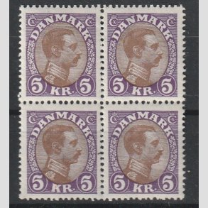 FRIMRKER DANMARK | 1927-28 - AFA 176 - Chr. X 5 Kr. violet/brun i Fire-blok - Postfrisk