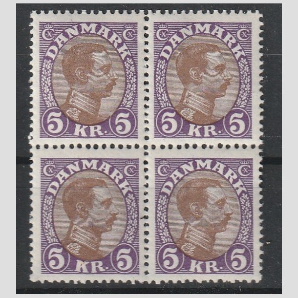 FRIMRKER DANMARK | 1927-28 - AFA 176 - Chr. X 5 Kr. violet/brun i Fire-blok - Postfrisk