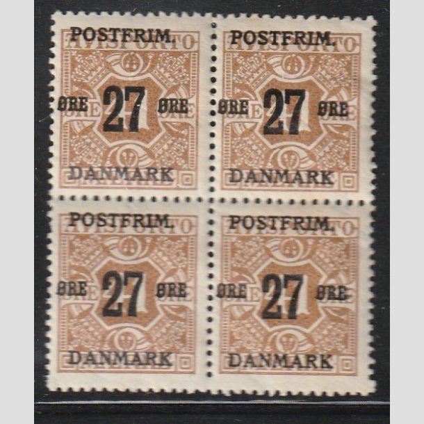 FRIMRKER DANMARK | 1918 - AFA 93 - 27 re/41 re brun provisorier i Fire-blok - Postfrisk