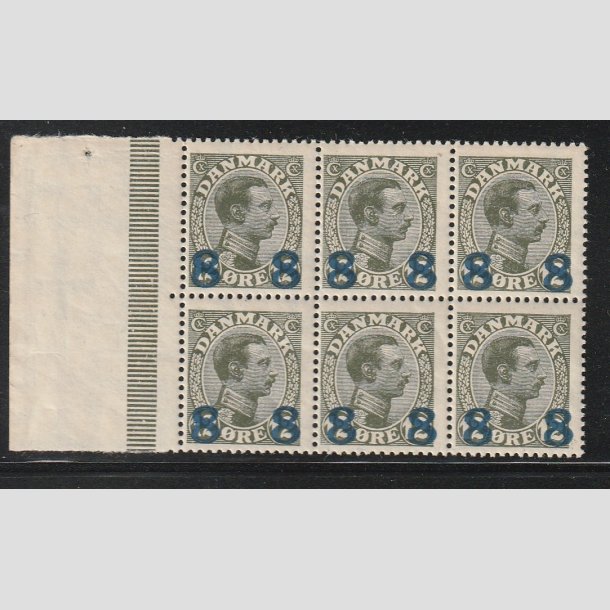 FRIMRKER DANMARK | 1921-22 - AFA 119 - Chr. X 8 8/12 re oliven provisorier i Seks-blok - Postfrisk