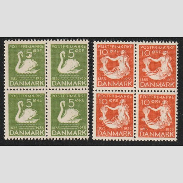 FRIMRKER DANMARK | 1935 - B - AFA 223,225 - H. C. Andersen 5 re grn og 10 re orange i Fire-blokke - Postfrisk