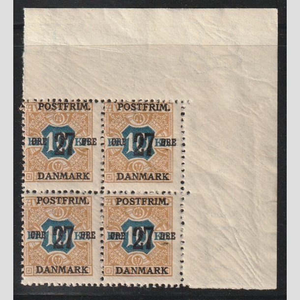 FRIMRKER DANMARK | 1918 - AFA 97 - 27 re/10 Kr. brun/bl provisorier i Fire-blok med vre marginal - Postfrisk