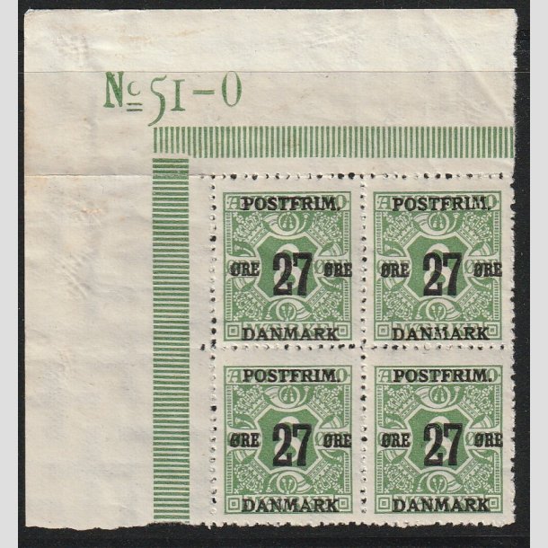FRIMRKER DANMARK | 1918 - AFA 88 - 27 re/8 re grn provisorier i Fire-blok med vre marginal - Postfrisk