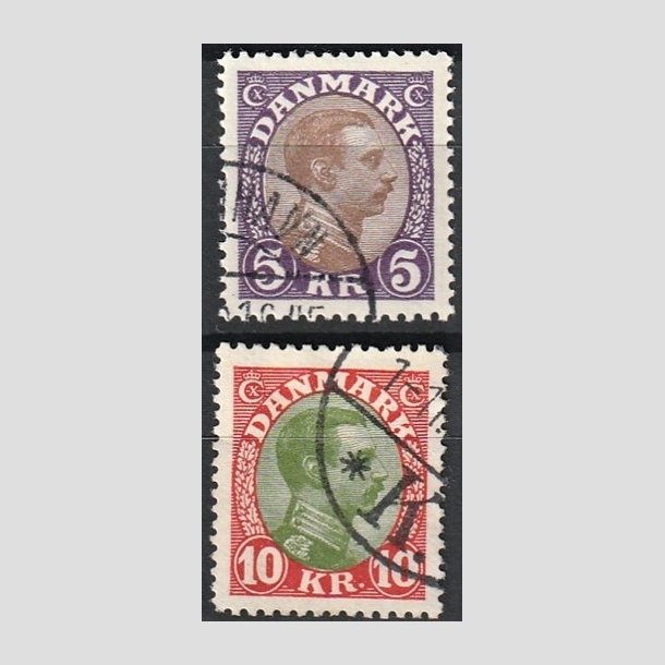 FRIMRKER DANMARK | 1927-28 - AFA 176,177 - Chr. X 5 Kr. violet/brun og 10 Kr. rd/grn - Stemplet