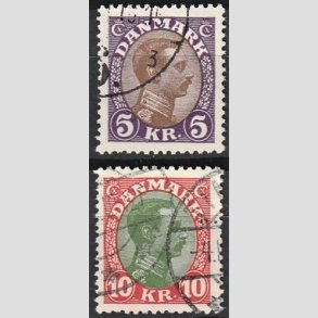 FRIMRKER DANMARK | 1927-28 - AFA 176,177 - Chr. X 5 Kr. violet/brun og 10 Kr. rd/grn - Stemplet