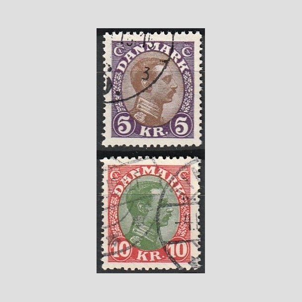 FRIMRKER DANMARK | 1927-28 - AFA 176,177 - Chr. X 5 Kr. violet/brun og 10 Kr. rd/grn - Stemplet