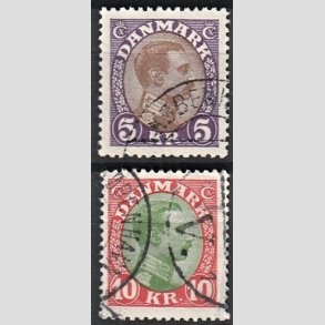 FRIMRKER DANMARK | 1927-28 - AFA 176,177 - Chr. X 5 Kr. violet/brun og 10 Kr. rd/grn - Stemplet