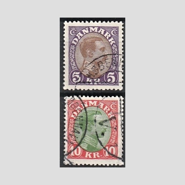 FRIMRKER DANMARK | 1927-28 - AFA 176,177 - Chr. X 5 Kr. violet/brun og 10 Kr. rd/grn - Stemplet